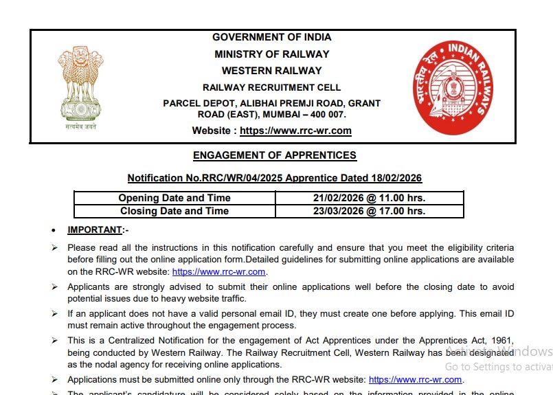 Railway RRC WR Apprentice Recruitment