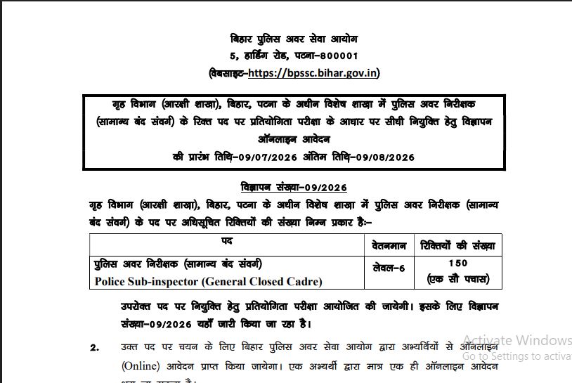 Bihar Police Sub Inspector SI  Recruitment 2026