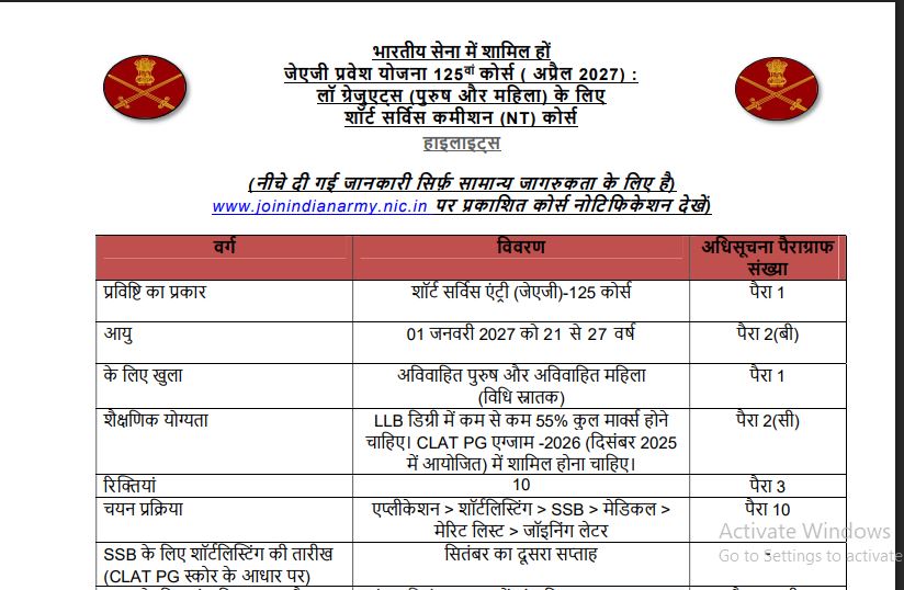 544 Indian Army JAG 125th Course April 2027 Recruitment
