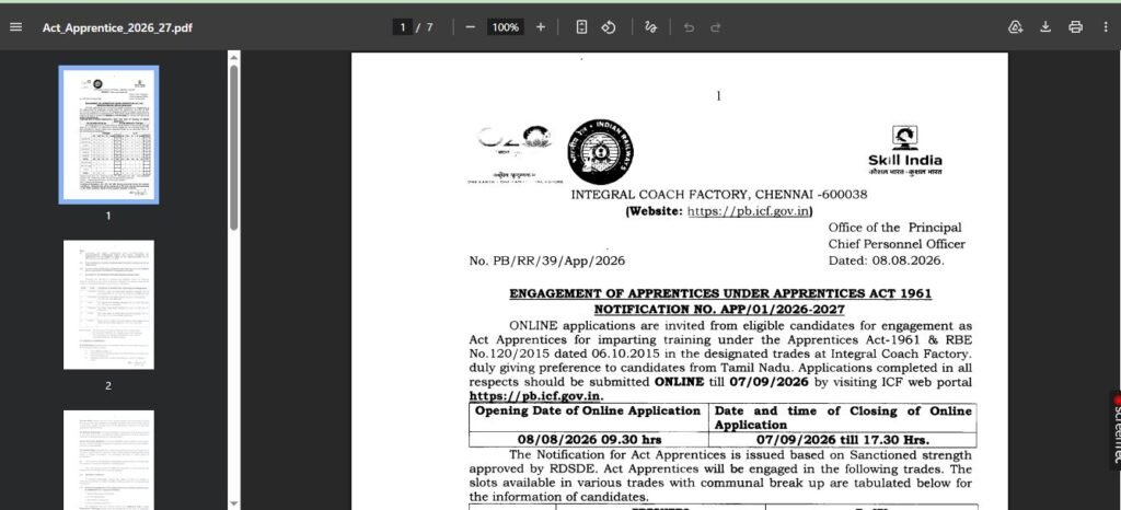 Railway ICF Apprentice Online Form 2026