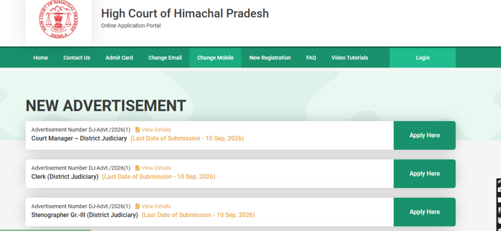 highcourt Himachal Pradesh High Court Various Post Online Form 2026