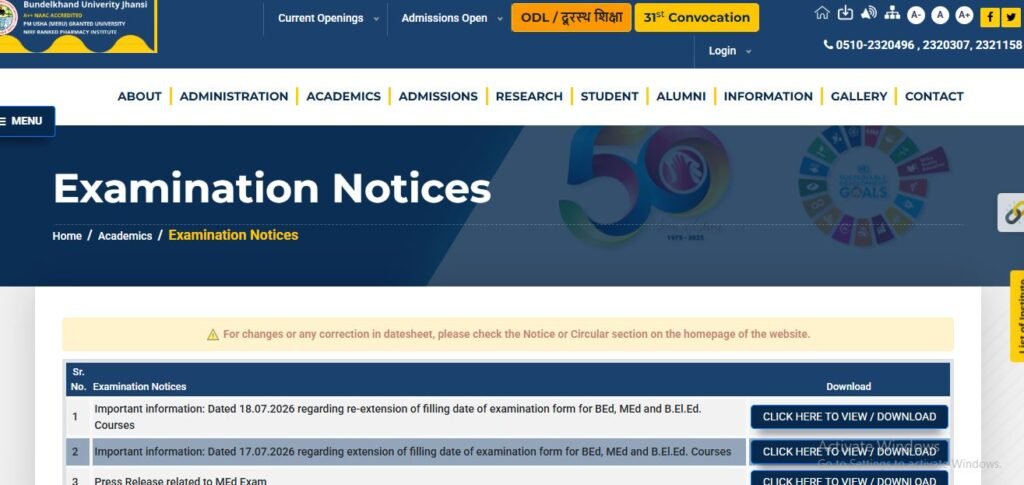 BU Jhansi Examination Form 2026